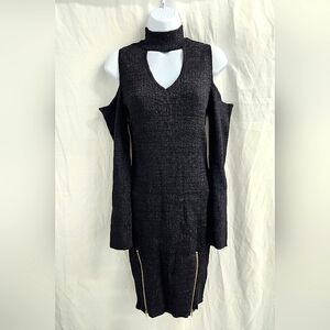 Material Girl Midi Sweater Bodycon Shlder/Neck Cutout Lng Sleeve Black Dress